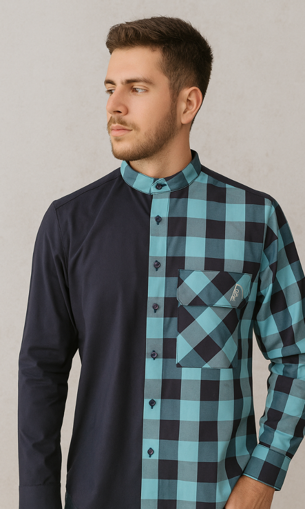 Camisa azul oscuro y cuadros turqueza