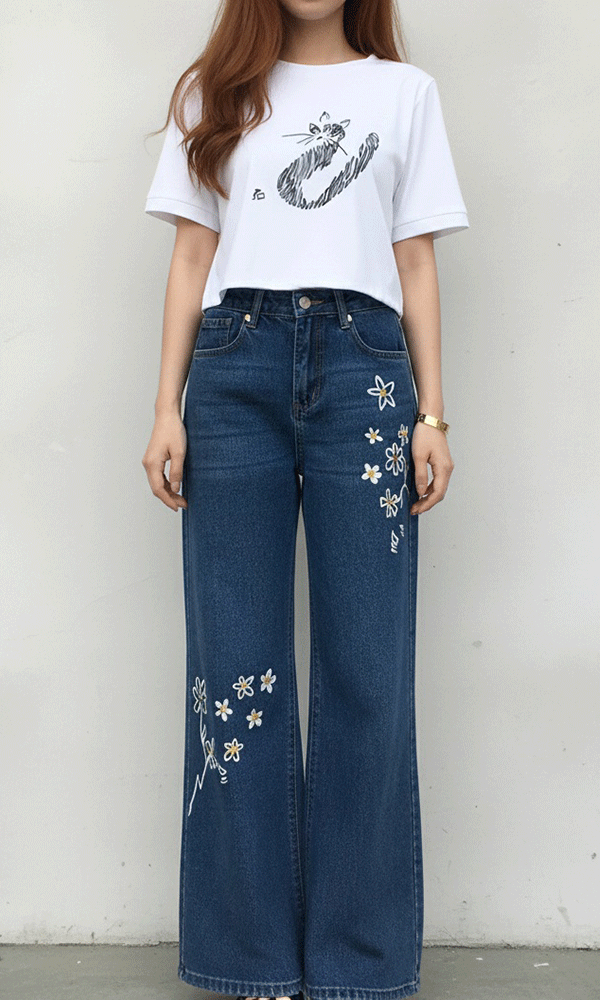 jeans-pintado-a-mano-camiseta-pintada-gato-mujer